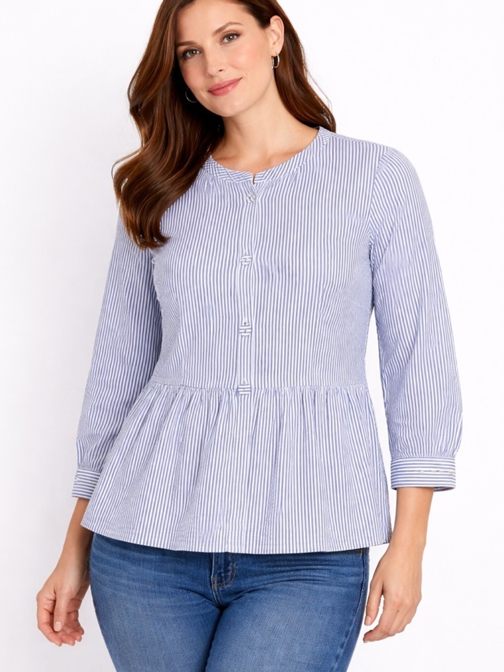 Garnet Hill Womens Blouse Jacket Seersucker Blue White Striped Peplum 8 preppy